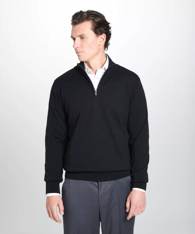 Black Merino Wool Zip Neck Sweater